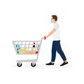 Young Man Masked Pushing Shopping Cart With Groceries Royalty Free Stock Photo